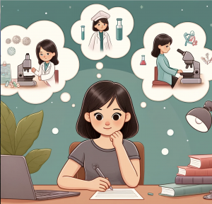 Cartoon of a young Asian female medical school applicant seated at a desk, pondering her AMCAS personal statement. Above her, thought bubbles depict her various experiences: conducting research in a lab, assisting in a clinical environment, and experiencing personal growth while reading under a tree. The scene conveys her contemplation on how these experiences answer the 'why medicine?' question for her application.